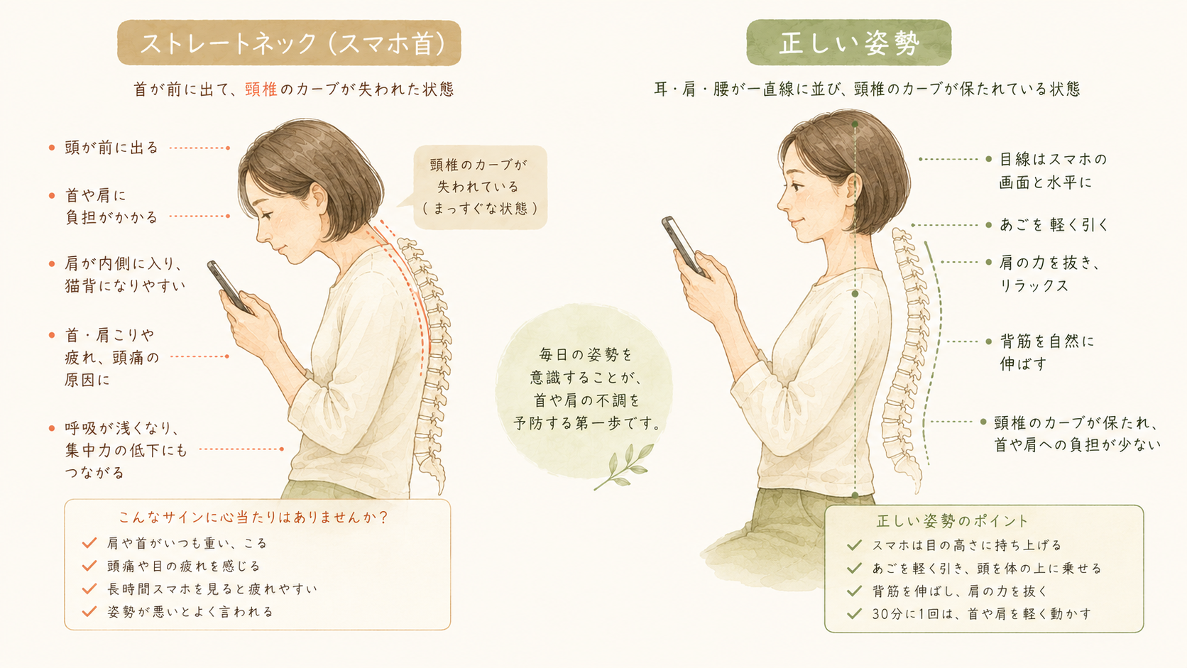 スマホ首と正しい姿勢の比較図