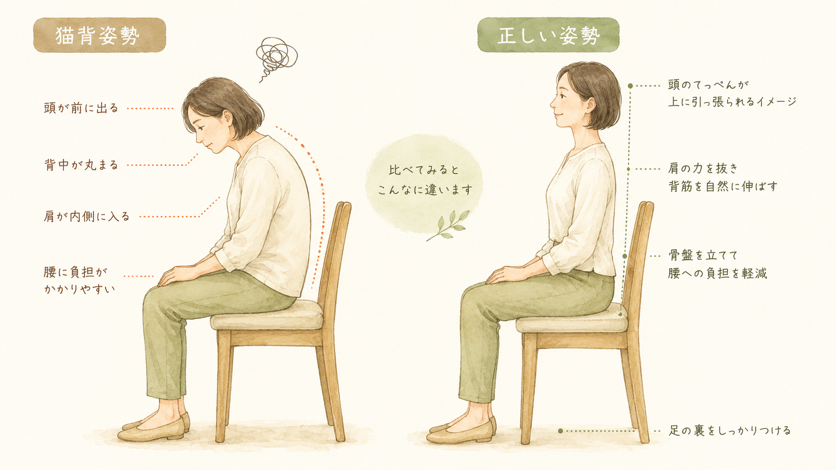 猫背と正しい姿勢の比較図
